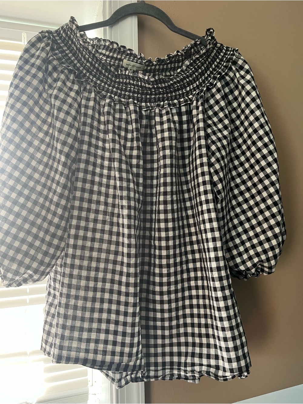 Max Studio Black and White Gingham Smocked Off-Shoulder Top